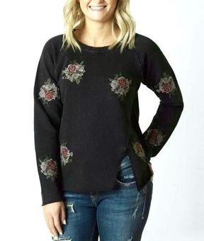 Lucky Brand Gray Embroidered Floral Sweatshirt Distressed Size S