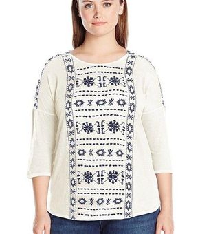 Lucky Brand Women's White Geo Embroidered Round Neck Longsleeve