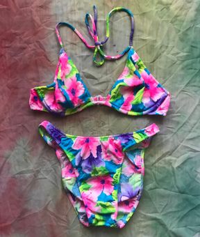 Vintage 80s Neon Tropical Floral OP ART Retro Swimsuit Bathing