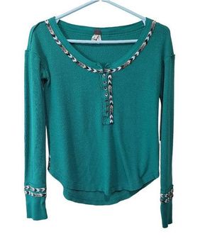 We The Free Chevron Embroidered Thermal Scoopneck Long Sleeve Henley Shirt  XS - $16 - From Chloe