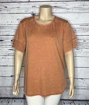 Buy the NWT Womens Orange Round Neck Pleated Short Sleeve Pullover Blouse  Top Sz 4