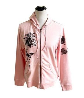 Style Co . Sport Womens Pink Cotton Full Zip Embroidered Hooded