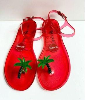 Katy Perry Jelly Sandals Womens Size 7 Red Palm Tree Ankle Strap