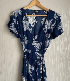 Lulus Women's Heart of Marigold Short Sleeve Wrap Maxi Dress, Navy Blue and White Floral Print