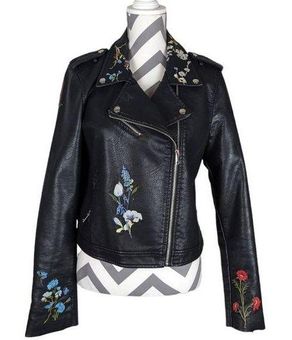 Floral Embroidered Faux Leather Jacket - Black Women's Size Medium