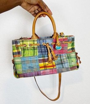 Dooney Bourke Patchwork Plaid Picnic Ants Fabric Bucket Leather