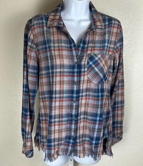 Bella Dahl plaid vintage button down shirt fringe hem XS 23