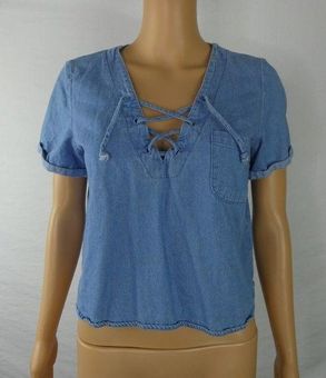 Brandy Melville Chambray Lace Up Roll Sleeve Crop Top Denim One Size Pocket  Blue - $17 - From Echo