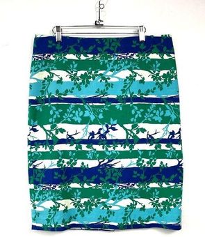 Talbots Blue Green All Over Leaf Print Stripe Pencil Skirt Size 14