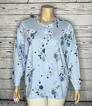 Woman Within SWEATSHIRT TOP Blue FLORAL Embroidered Henley Sizes