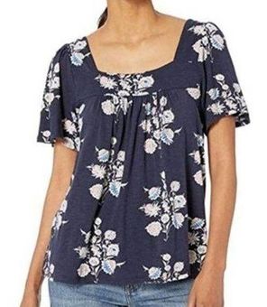 Lucky Brand Square Neck Short Sleeve Floral Boho Peasant Blouse