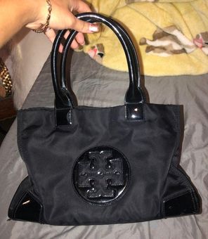 Tory Burch Black Nylon Tote with patent Logo 