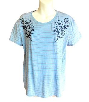 Lucky Brand T-Shirt Large Floral Embroidered Women Light Blue