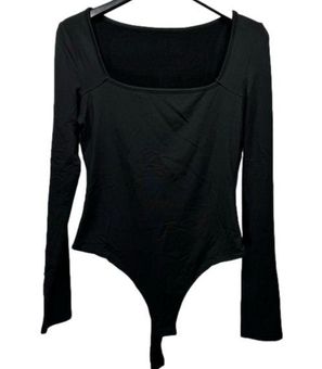 NEW Black Long Sleeve Square Neck Thong Bodysuit Size Medium