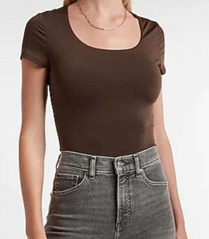 EXPRESS Body Contour Double Layer Scoop Neck Short Sleeve Thong Bodysuit  Brown Size M - $29 New With Tags - From Starlit