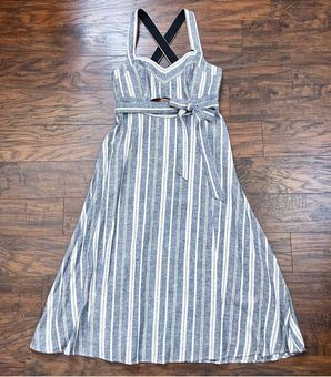 BCBGMAXAZRIA Striped Linen blend Cutout Midi Dress grey white