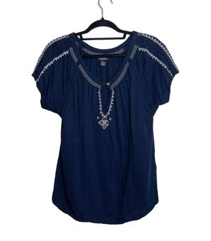 Lucky Brand 100% Cotton Navy Blue & White Embroidered Top Size M