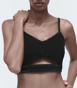 ZARA Lack rhinestone denim crop top never worn Black Size M