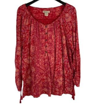 LUCKY BRAND TOP Womens XL Red Floral Long Sleeve Scoop Neck Boho
