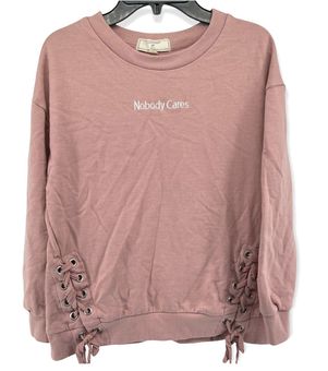 No Comment Girl Pink Nobody Cares Grommet Lace Up Hem Embroidered Sweatshirt  XL - $23 (54% Off Retail) - From Chanel