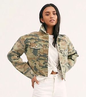 Green Cropped Camo Trucker Jacket