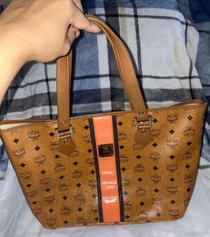 MCM Visetos Rudic Canvas Shopper Tote Bag Cognac Orange