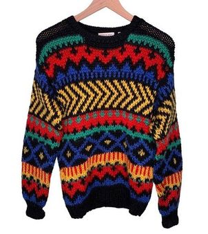 Moments Vintage 90s Hand Knit Sweater Colorful Crew Long