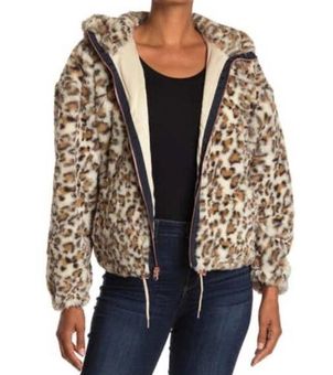 Lucky Brand Leopard Print Faux Fur Hooded Zip Jacket Women's