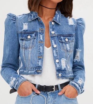 Boohoo Puff Shoulder Cropped Denim Jacket Blue Size 2 55