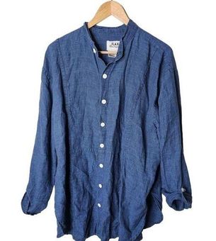 Flax by Jeanne Engelhart Blue Button Down Collarless Tunic 100% Linen Size  Small - $50 - From Jessica