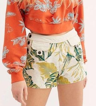 Free People We The Free Palm Spring Leaf Print Denim Shorts Size