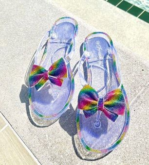 Multicolor Rainbow Bling Rhinestone Bow Jelly Thong Sandals