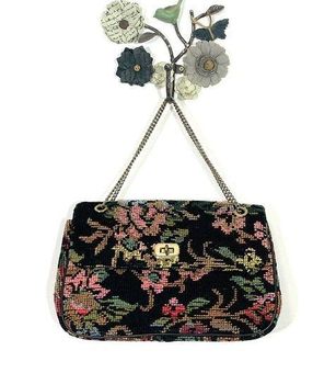 Vintage Tapestry Needlepoint Purse Handbag Black Floral Chain Turn Lock  Closure - $100 - From Jane