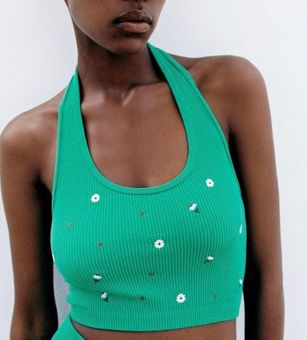 ZARA Halter Crop Top Flower/Polka Dot Print Ribbed Limitless Contour  Collection Green - $34 New With Tags - From Lia