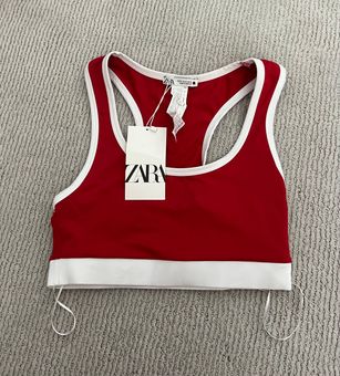 ZARA Sports Bra Red White Trim Tank Crop Top Activewear Nylon