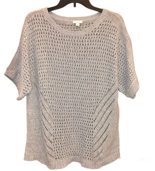 J.Jill Pure Jill open Knit Crochet Short Sleeve Sweater Blue Grey