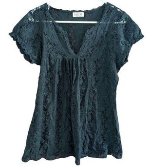 MKM Designs Black Lace Top Women's Small Sheer VNeck Shirt Sleeve - $10 -  From Amy