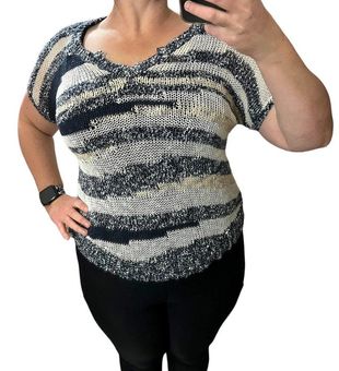 Lucky Brand SMALL Striped Loose Knit Notched V-Neck Short Sleeve Sweater -  $11 - From Nikki