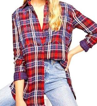 Free People Magical Plaid Embroidered Western Floral Flannel