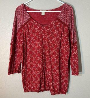 Lucky Brand Womens XL Red Peasant Boho Flowy Top COTTON Geometric 3/4  Sleeve - $10 - From Sahara