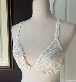 Cacique Front Clasp Unlined Bra Sheer Cream Floral Lace Vintage Plunge Bra  34B Size undefined - $23 - From Wendy
