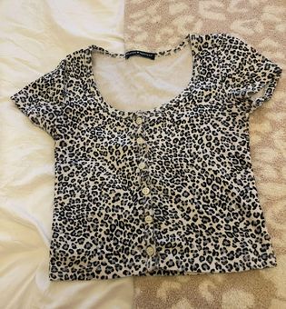 Brandy Melville, Tops, Brandy Melville Cropped Ribbed Button Uo Tshirt  Top Blue Leopard Print One Size