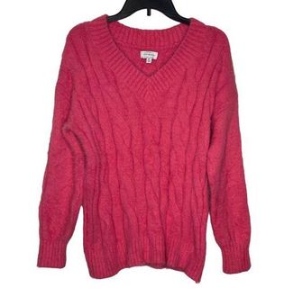 Lucky Brand Women Sweater Fuzzy Cable Knit Eyelash V-Neck