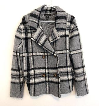 Rachel Zoe Plaid Double Breasted Cardigan Gray Black Fuzzy