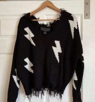 White Distressed Lightning Bolt Sweater 