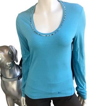 Women's Blue Cotton Top Long Sleeve Scoop Neck