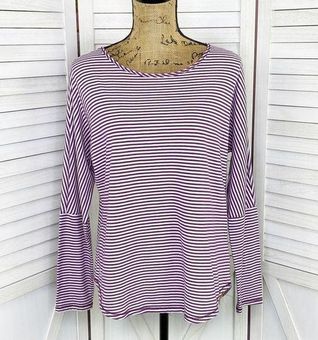 Zelos Striped Keyhole Back Long Sleeve Shirt Purple White Medium