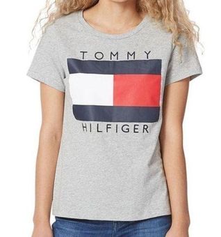 Tommy Hilfiger Embroidered Logo Flag Tee Gray Spellout Short Sleeve T-Shirt  S - $25 - From MadiKay | T-Shirts