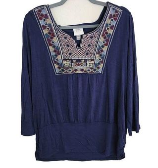 Knox Rose Embroidered Tunic Top Womens Size XXL Notched Rayon Stretch Boho  Blue - $17 - From Theresa