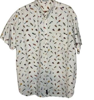 Columbia Vintage White Fish Lure Design Short Sleeve Button